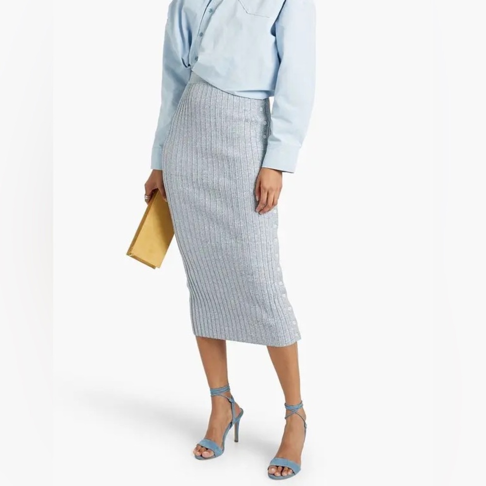 Jonathan Simkhai Ashton Mélange Ribbed Knit Midi Pencil Skirt Button Blue S $345